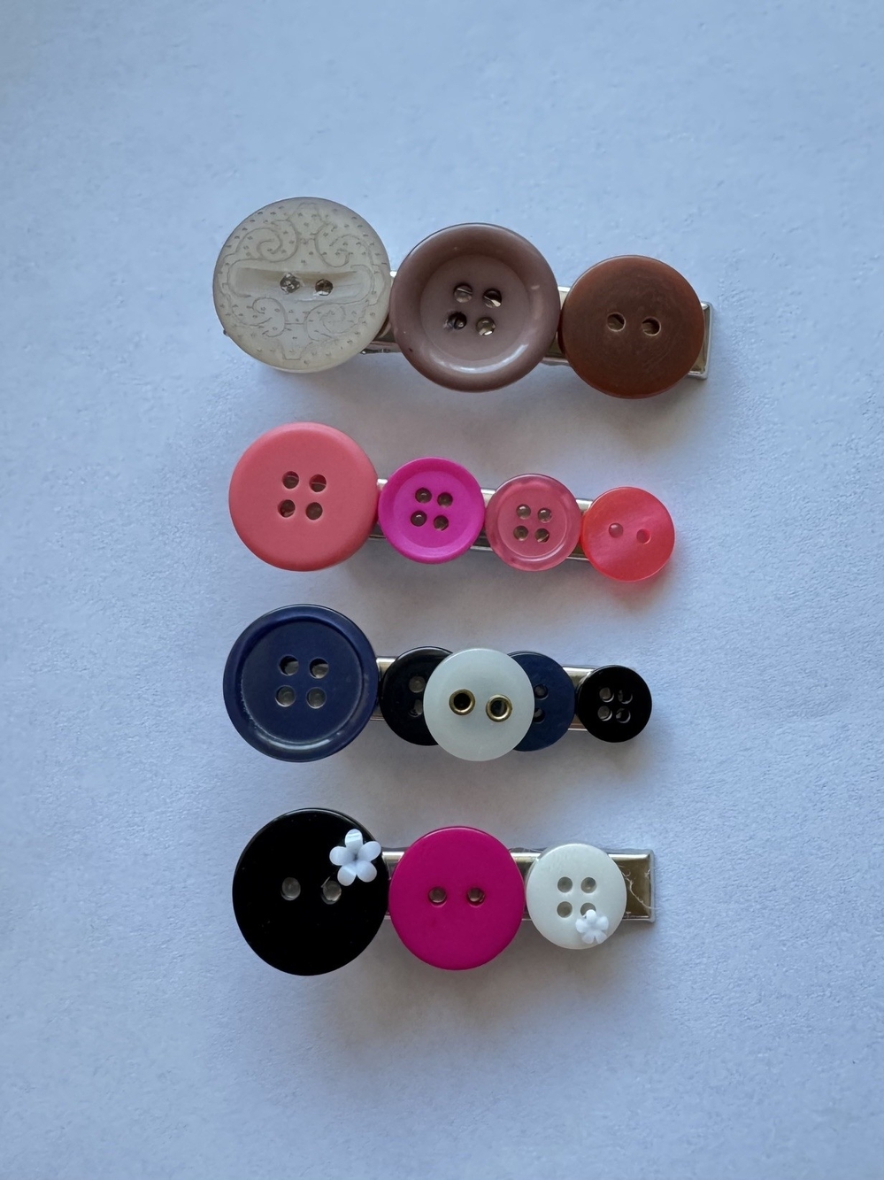 Button Accent Kids Hair Clips - Pink, Hot Pink, Navy, Black, Brown & Cream
